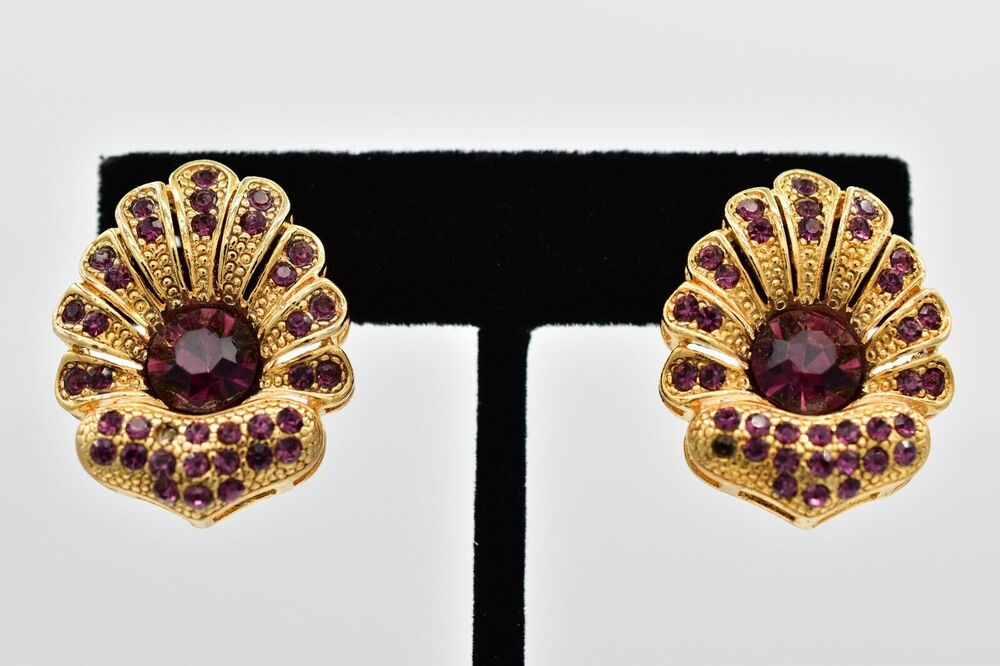 CY Vintage Crystal Clip On Earrings Purple Rhinestone Flower Gold Signed BinQ